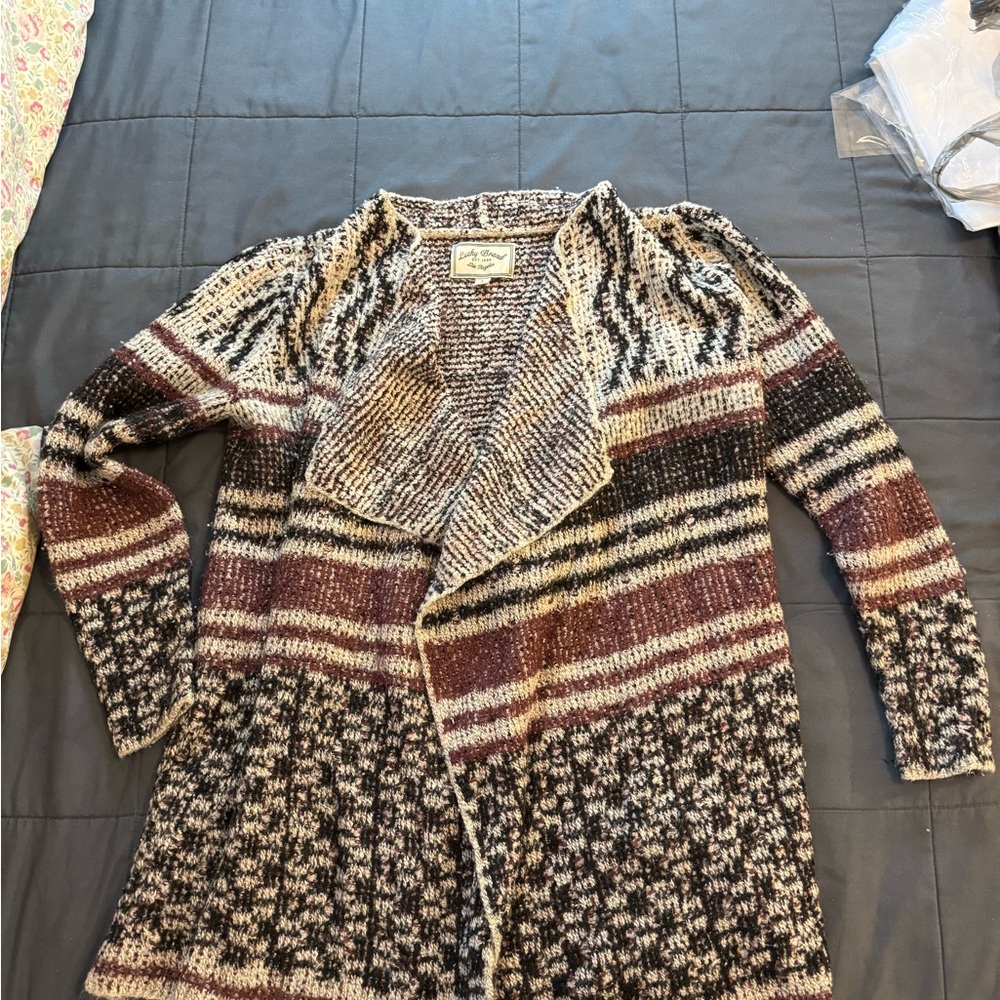 Lucky Brand Striped Knit Cardigan in Black, Cream, and Brown